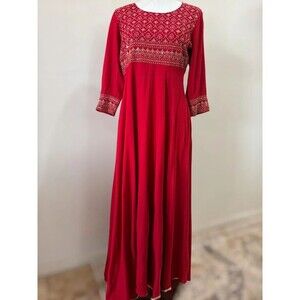 Cotton Hthrang NWT Red Gold Embroidered Maxi Dress Scarf Dupatta M